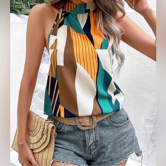 Passion Geo Print Halter Neck Blouse - Picture 2 of 7